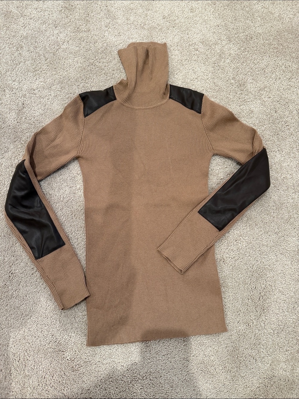 Camel Turtleneck Sweater with Black Leather Elbow & Shoulder Patches